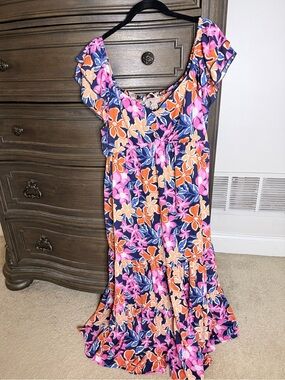 Floral Maxi Dress in Navy with Pink & Orange Blooms